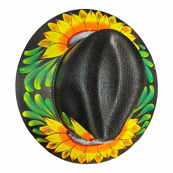 HAT MEXICAN Artisanal Hand Painted Fedora Sunflower Sombrero Panama Bohon Black main image 9